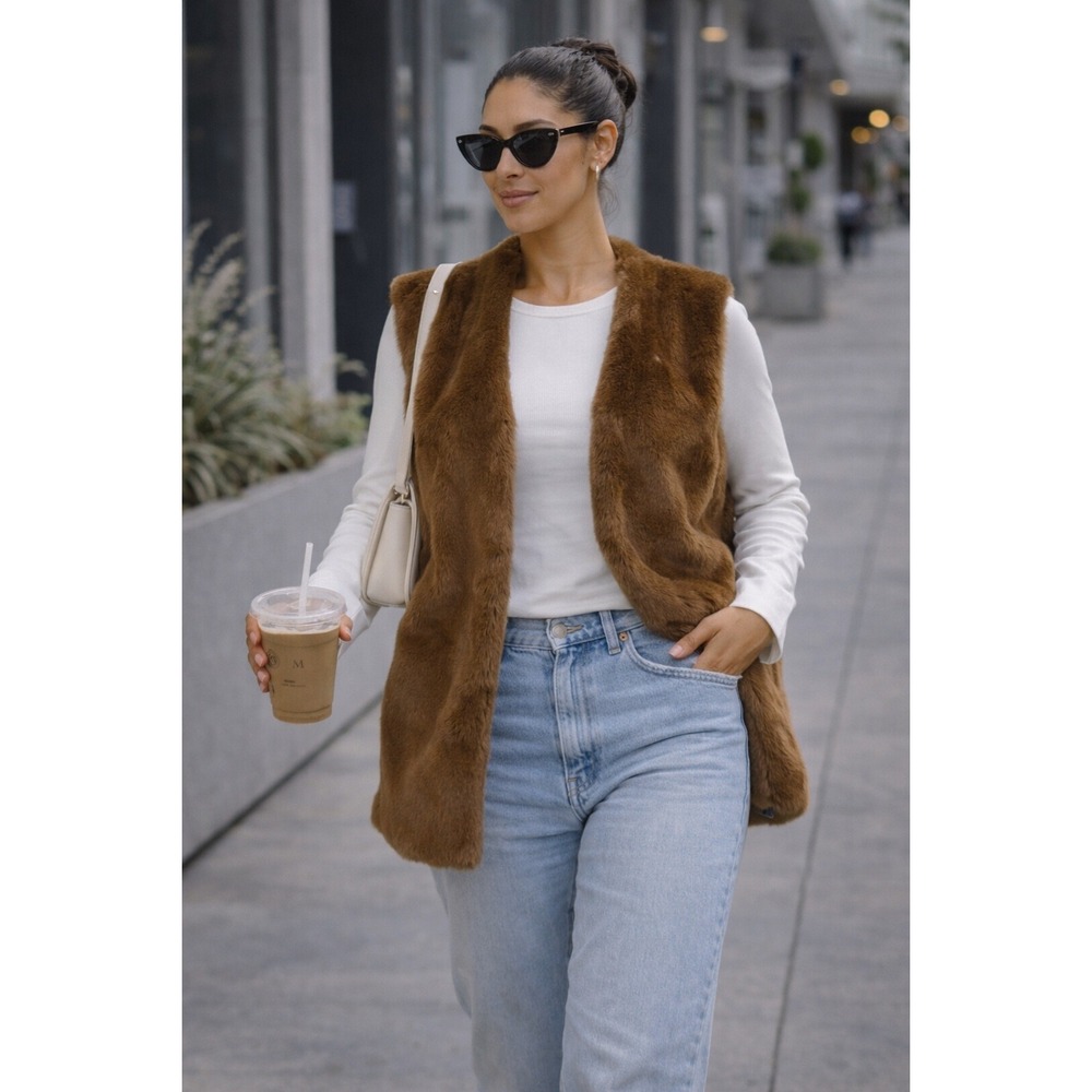 Stella & Dot Faux‎ Fur Vest Women M Brown Excellent Plush Open Front Cutout Back